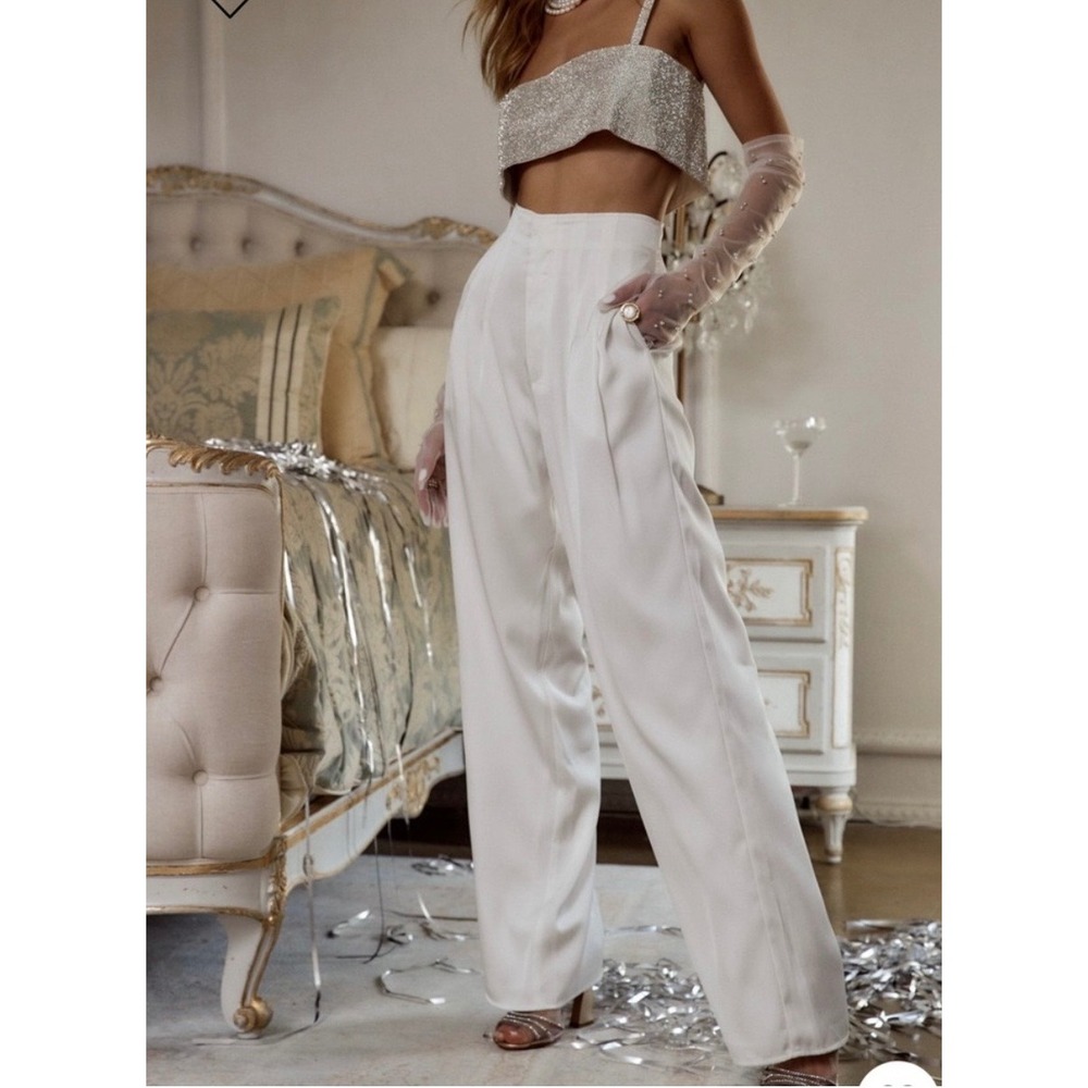 NWT 12th Tribe Halley Satin Trousers Womens L White Wide Leg Bridal Bachelorette
